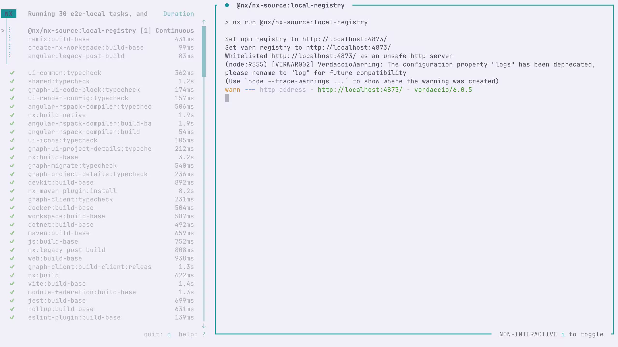 Screenshot of the terminal UI for Nx, showing multiple tasks running